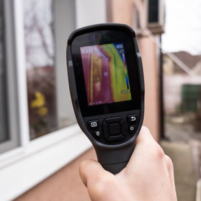 A Male Hand Holds A Thermal Imager At The Window Of A House. Search For Heat Loss In Private Houses.