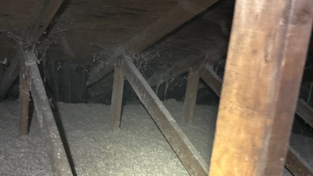 Blown-in attic insulation installed between rafters in a Michigan home