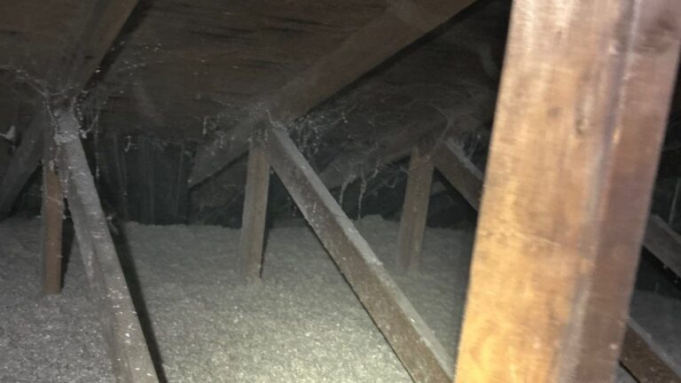 Blown-in attic insulation installed between rafters in a Michigan home